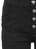 Jewelly Damen Jeans mit Schwarzen Strass Applikationen | Damen Stretch Jeans Five-Pocket im Crash-Look | Boyfriend Hose und sichtbarer Knopfleiste