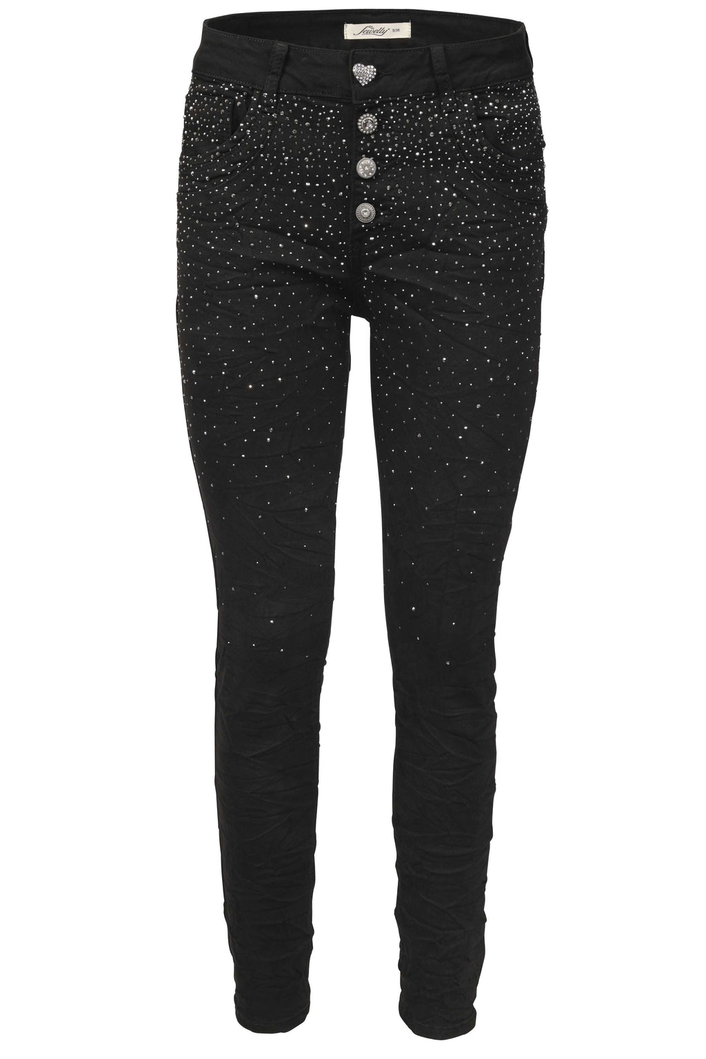 Jewelly Damen Jeans mit Schwarzen Strass Applikationen | Damen Stretch Jeans Five-Pocket im Crash-Look | Boyfriend Hose und sichtbarer Knopfleiste