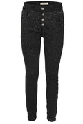 Jewelly Damen Jeans mit Schwarzen Strass Applikationen | Damen Stretch Jeans Five-Pocket im Crash-Look | Boyfriend Hose und sichtbarer Knopfleiste