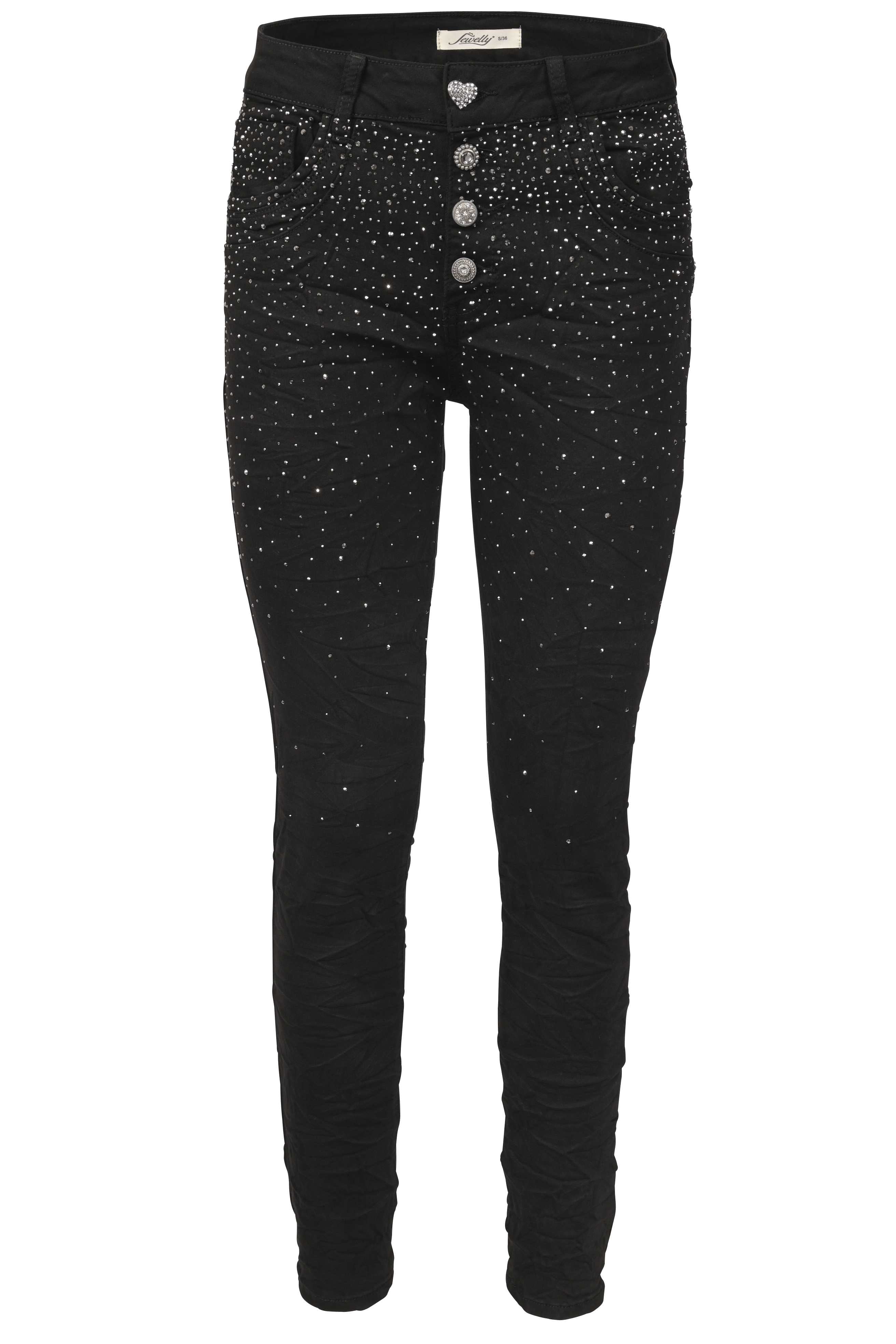 Jewelly Damen Jeans mit Schwarzen Strass Applikationen | Damen Stretch Jeans Five-Pocket im Crash-Look | Boyfriend Hose und sichtbarer Knopfleiste