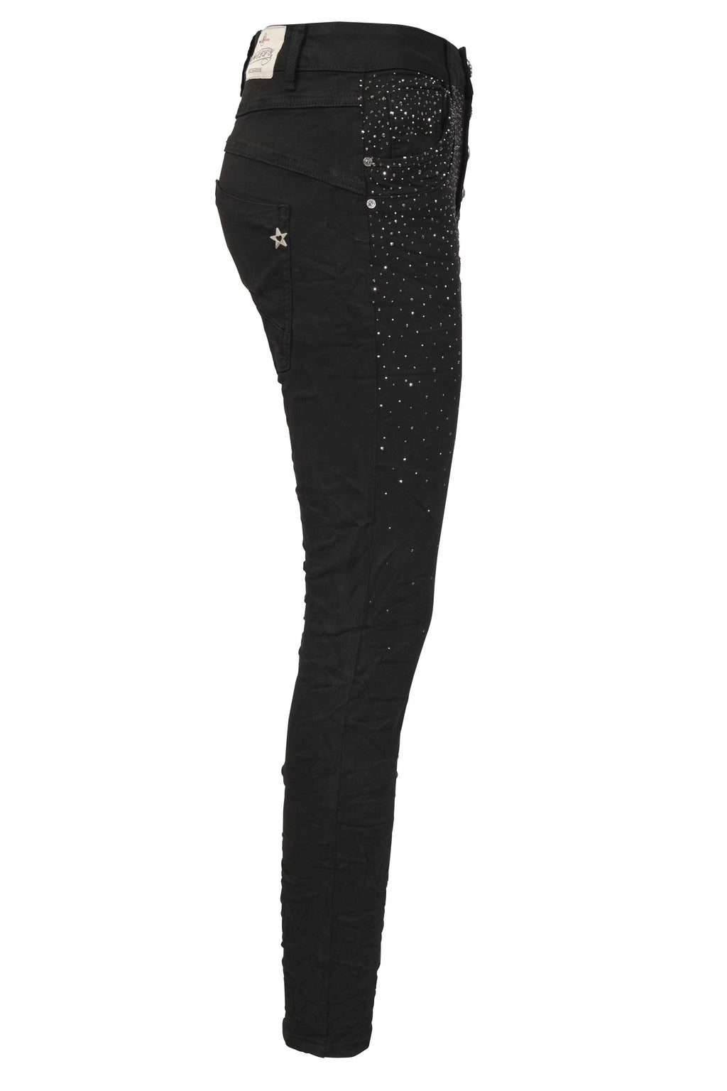 Jewelly Damen Jeans mit Schwarzen Strass Applikationen | Damen Stretch Jeans Five-Pocket im Crash-Look | Boyfriend Hose und sichtbarer Knopfleiste
