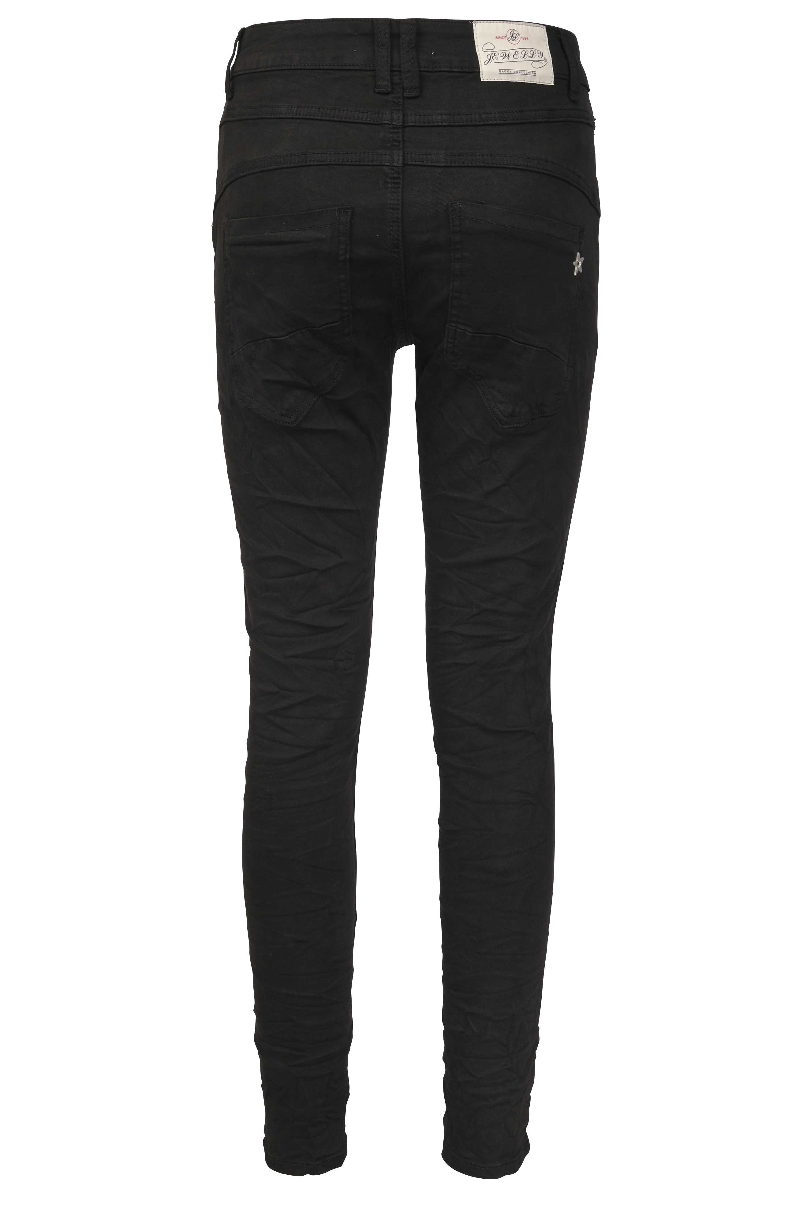 Jewelly Damen Jeans mit Schwarzen Strass Applikationen | Damen Stretch Jeans Five-Pocket im Crash-Look | Boyfriend Hose und sichtbarer Knopfleiste