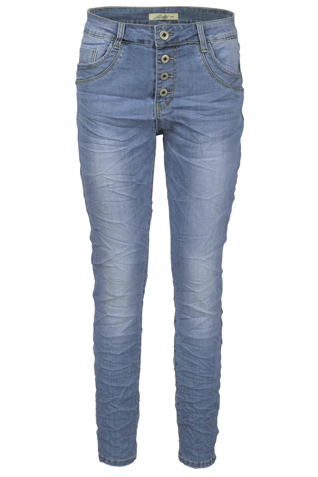 Jewelly Damen Stretch Jeans Five-Pocket im Crash-Look | Boyfriend Hose mit sichtbarer Knopfleiste