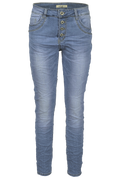 Jewelly Damen Stretch Jeans Five-Pocket im Crash-Look | Boyfriend Hose mit sichtbarer Knopfleiste
