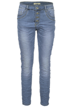 Jewelly Damen Stretch Jeans Five-Pocket im Crash-Look | Boyfriend Hose mit sichtbarer Knopfleiste