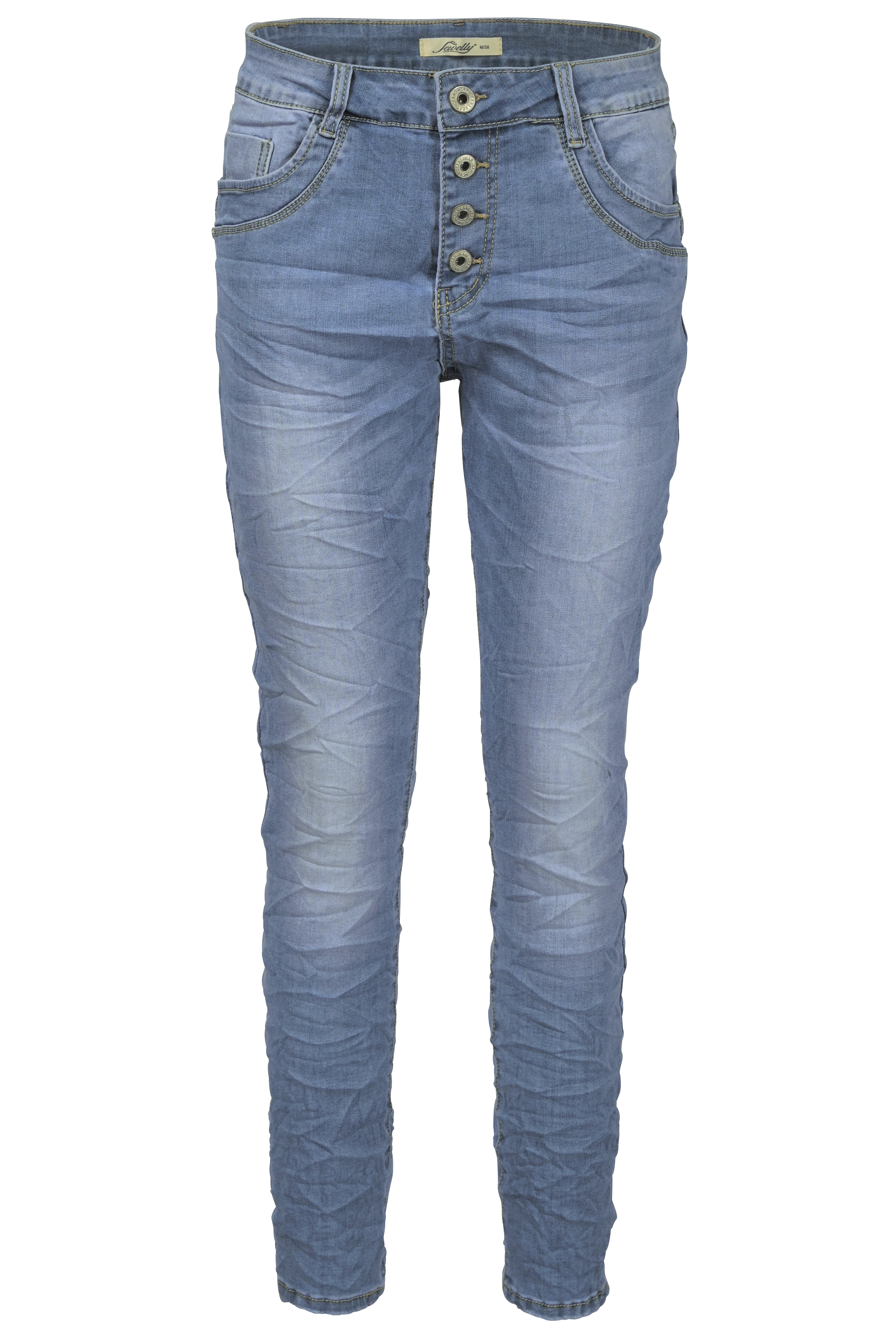 Jewelly Damen Stretch Jeans Five-Pocket im Crash-Look | Boyfriend Hose mit sichtbarer Knopfleiste