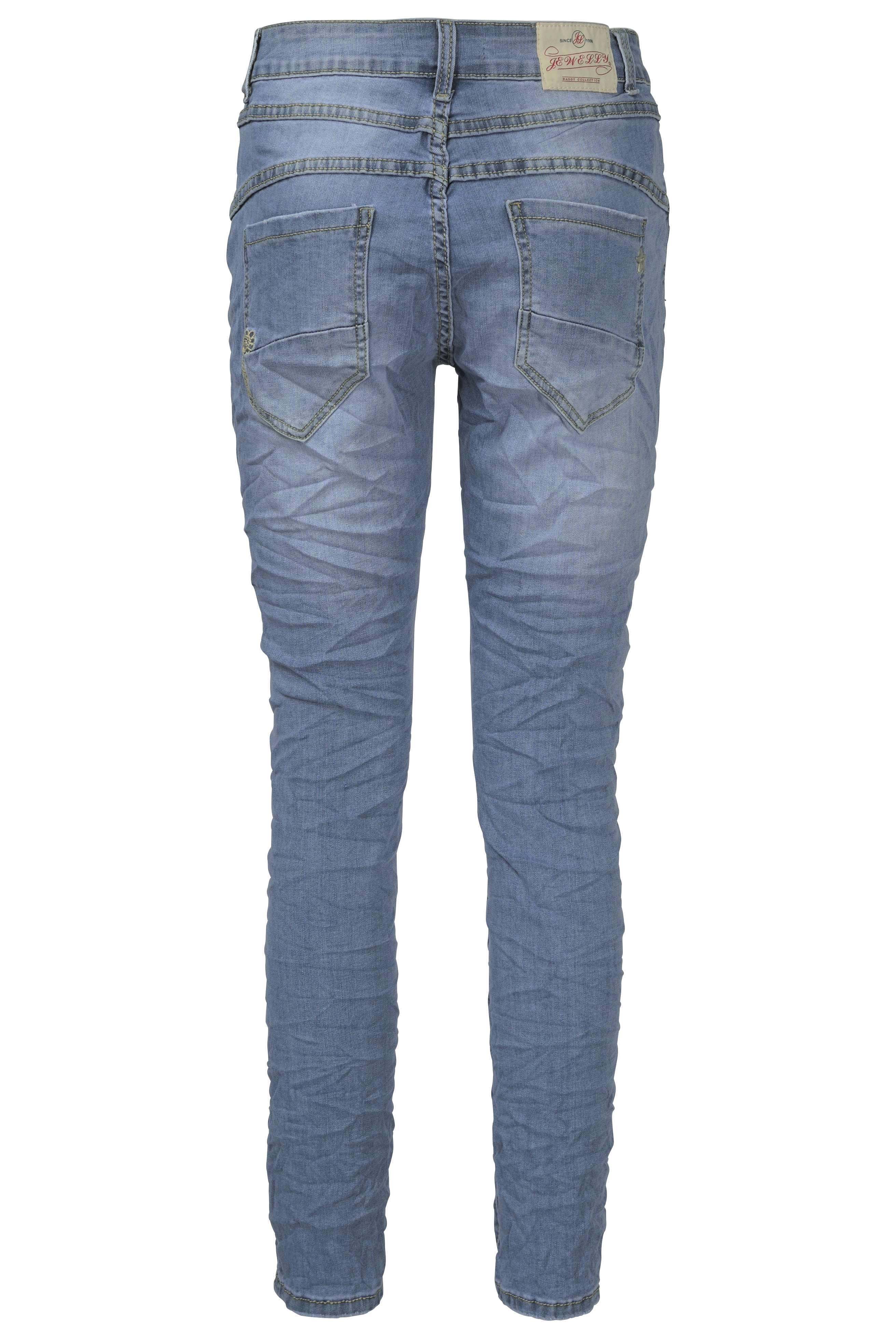 Jewelly Damen Stretch Jeans Five-Pocket im Crash-Look | Boyfriend Hose mit sichtbarer Knopfleiste