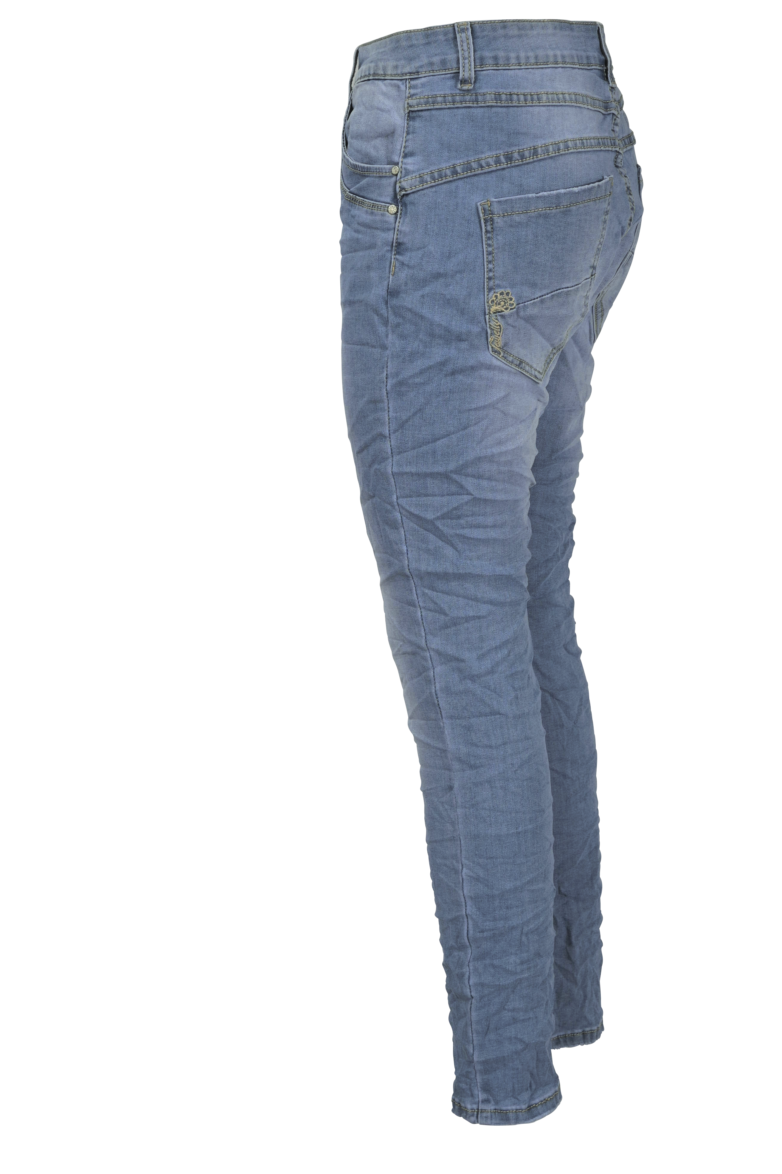Jewelly Damen Stretch Jeans Five-Pocket im Crash-Look | Boyfriend Hose mit sichtbarer Knopfleiste