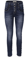 Jewelly Damen Jeans  | Stretch Jeans Five-Pocket im Crash-Look | Boyfriend Hose und sichtbarer Knopfleiste mit Schmuckknöpfen | Pailletten Applikationen an den Seitentaschen