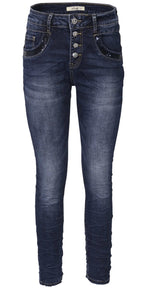 Jewelly Damen Jeans  | Stretch Jeans Five-Pocket im Crash-Look | Boyfriend Hose und sichtbarer Knopfleiste mit Schmuckknöpfen | Pailletten Applikationen an den Seitentaschen