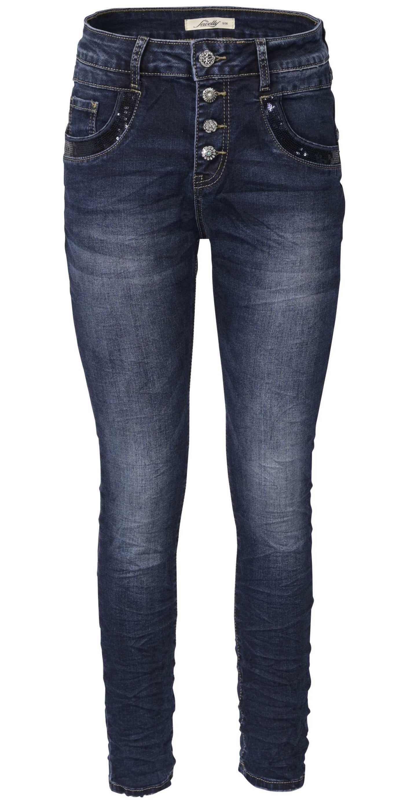 Jewelly Damen Jeans  | Stretch Jeans Five-Pocket im Crash-Look | Boyfriend Hose und sichtbarer Knopfleiste mit Schmuckknöpfen | Pailletten Applikationen an den Seitentaschen