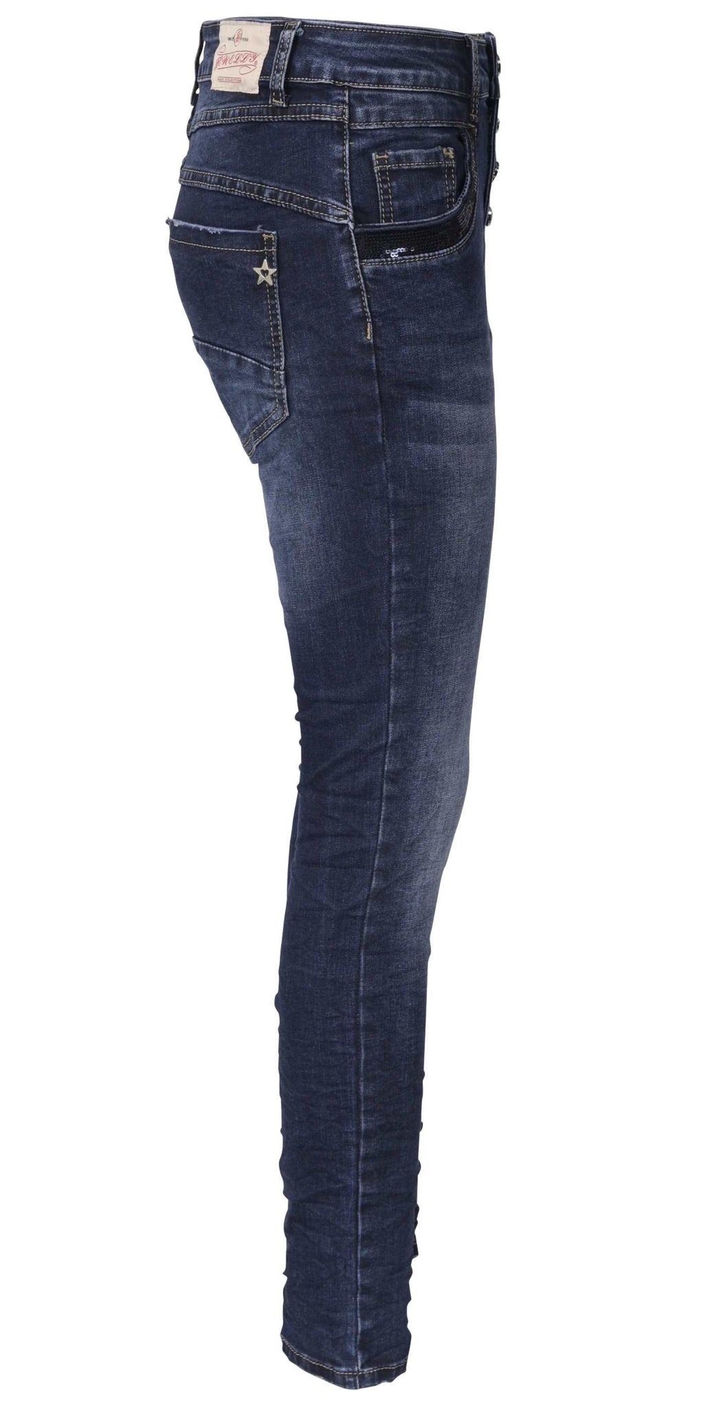 Jewelly Damen Jeans  | Stretch Jeans Five-Pocket im Crash-Look | Boyfriend Hose und sichtbarer Knopfleiste mit Schmuckknöpfen | Pailletten Applikationen an den Seitentaschen