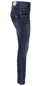 Jewelly Damen Jeans  | Stretch Jeans Five-Pocket im Crash-Look | Boyfriend Hose und sichtbarer Knopfleiste mit Schmuckknöpfen | Pailletten Applikationen an den Seitentaschen