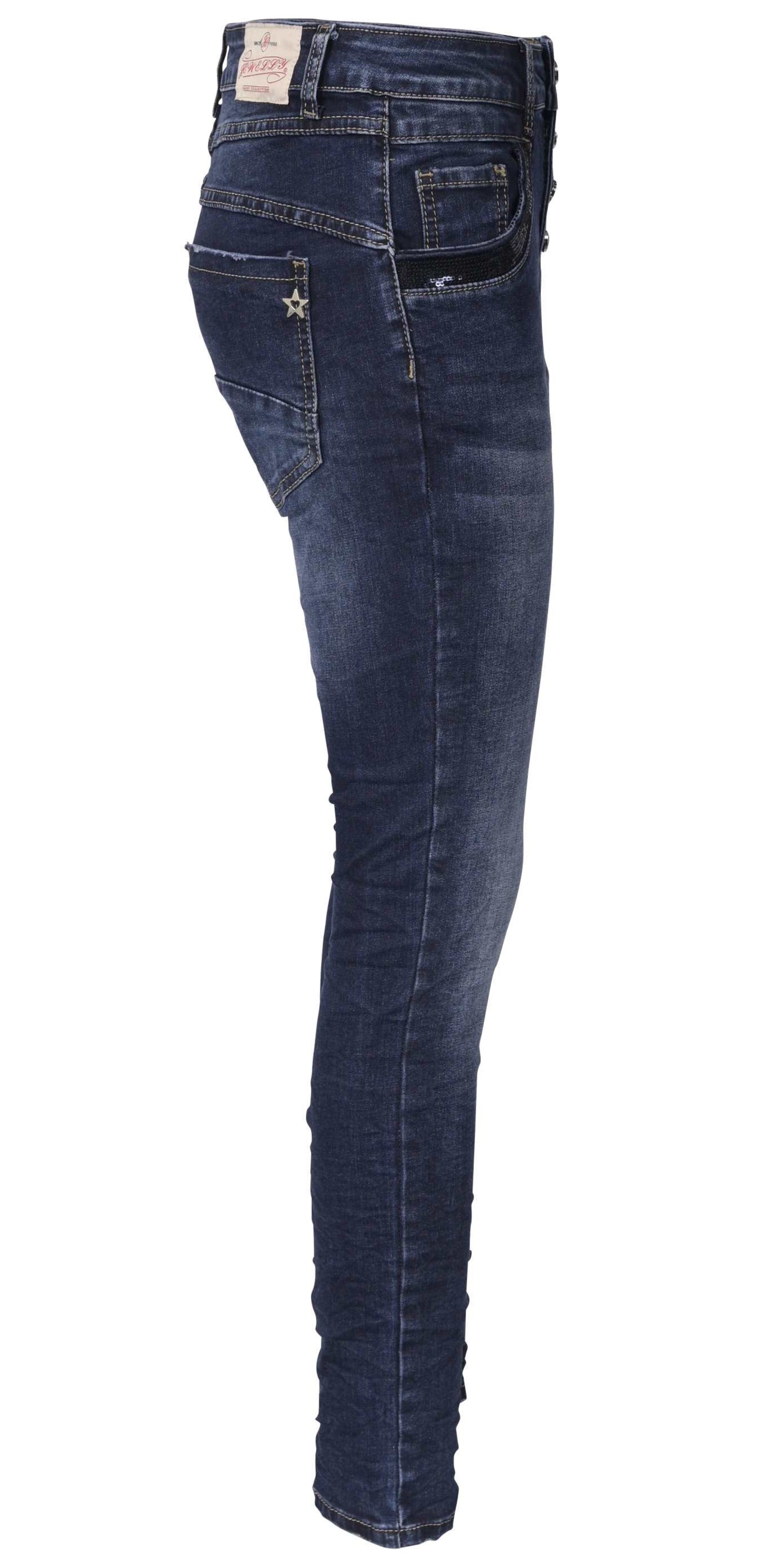 Jewelly Damen Jeans  | Stretch Jeans Five-Pocket im Crash-Look | Boyfriend Hose und sichtbarer Knopfleiste mit Schmuckknöpfen | Pailletten Applikationen an den Seitentaschen