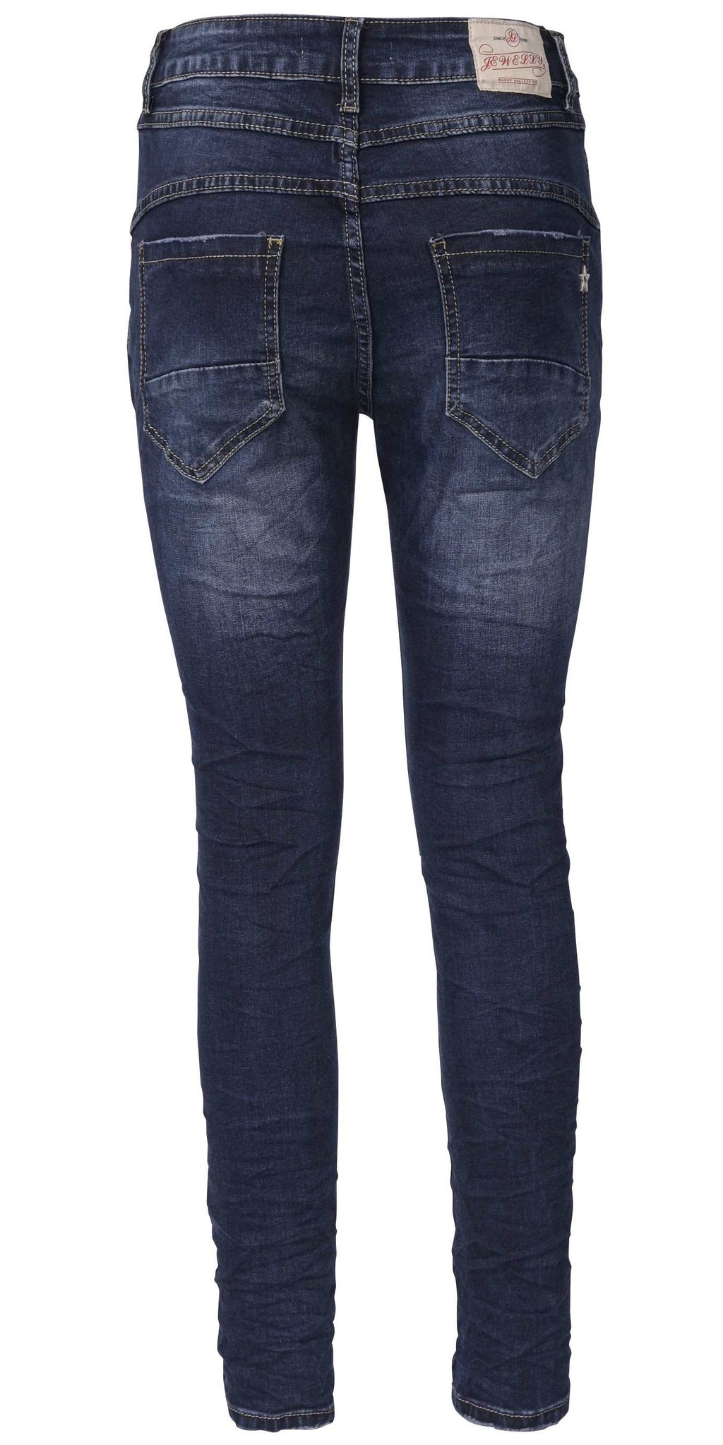Jewelly Damen Jeans  | Stretch Jeans Five-Pocket im Crash-Look | Boyfriend Hose und sichtbarer Knopfleiste mit Schmuckknöpfen | Pailletten Applikationen an den Seitentaschen