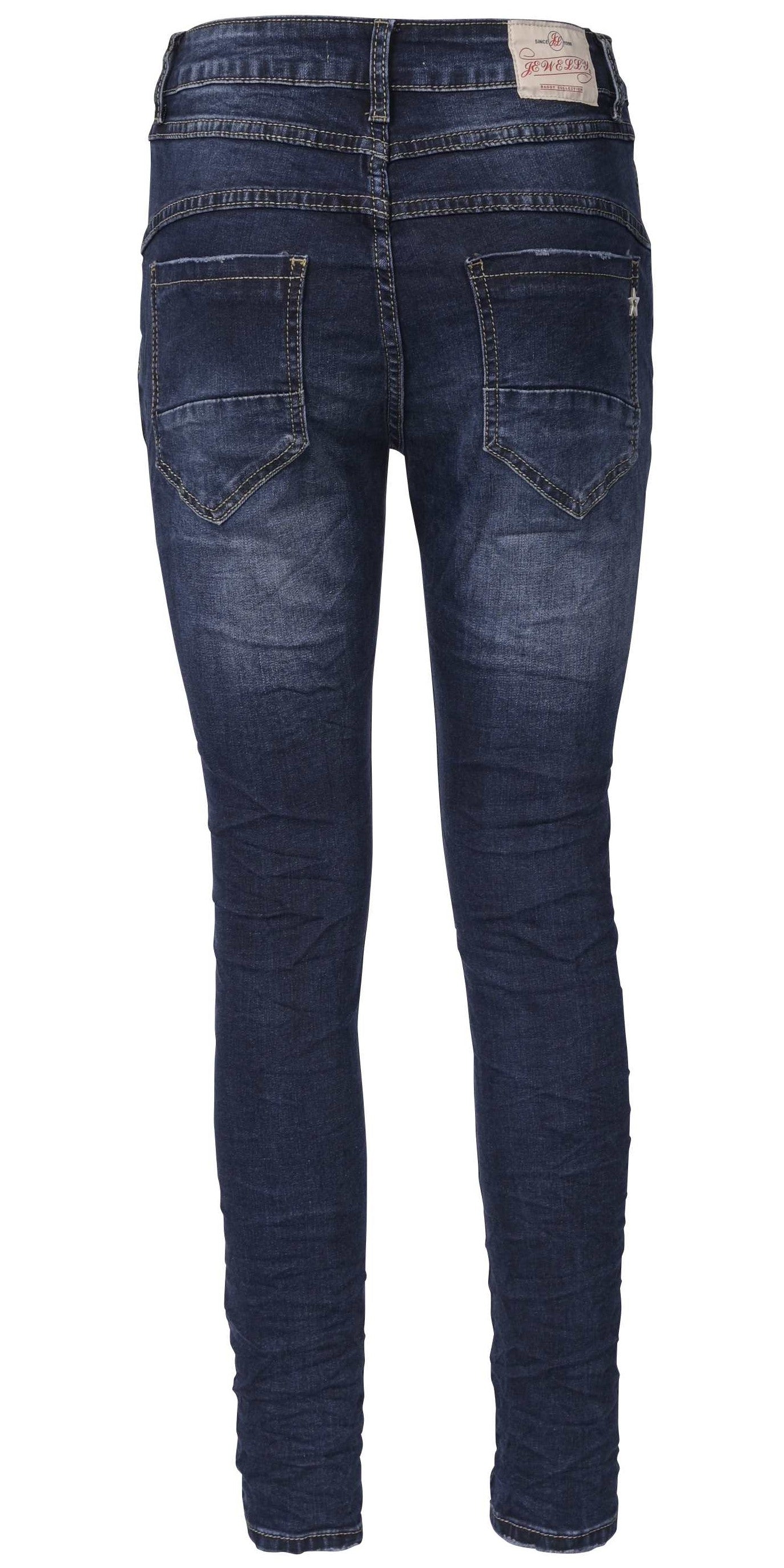 Jewelly Damen Jeans  | Stretch Jeans Five-Pocket im Crash-Look | Boyfriend Hose und sichtbarer Knopfleiste mit Schmuckknöpfen | Pailletten Applikationen an den Seitentaschen