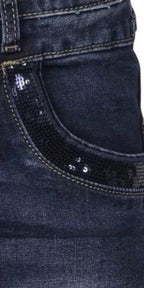 Jewelly Damen Jeans  | Stretch Jeans Five-Pocket im Crash-Look | Boyfriend Hose und sichtbarer Knopfleiste mit Schmuckknöpfen | Pailletten Applikationen an den Seitentaschen