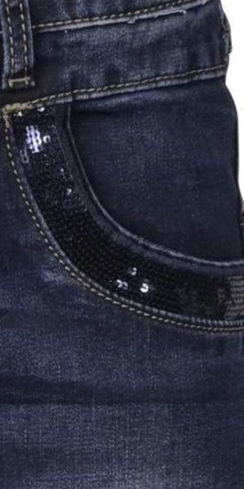 Jewelly Damen Jeans  | Stretch Jeans Five-Pocket im Crash-Look | Boyfriend Hose und sichtbarer Knopfleiste mit Schmuckknöpfen | Pailletten Applikationen an den Seitentaschen