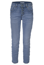 Jewelly Damen Stretch Jeans Five-Pocket im Crash-Look | Boyfriend Hose mit sichtbarer Knopfleiste
