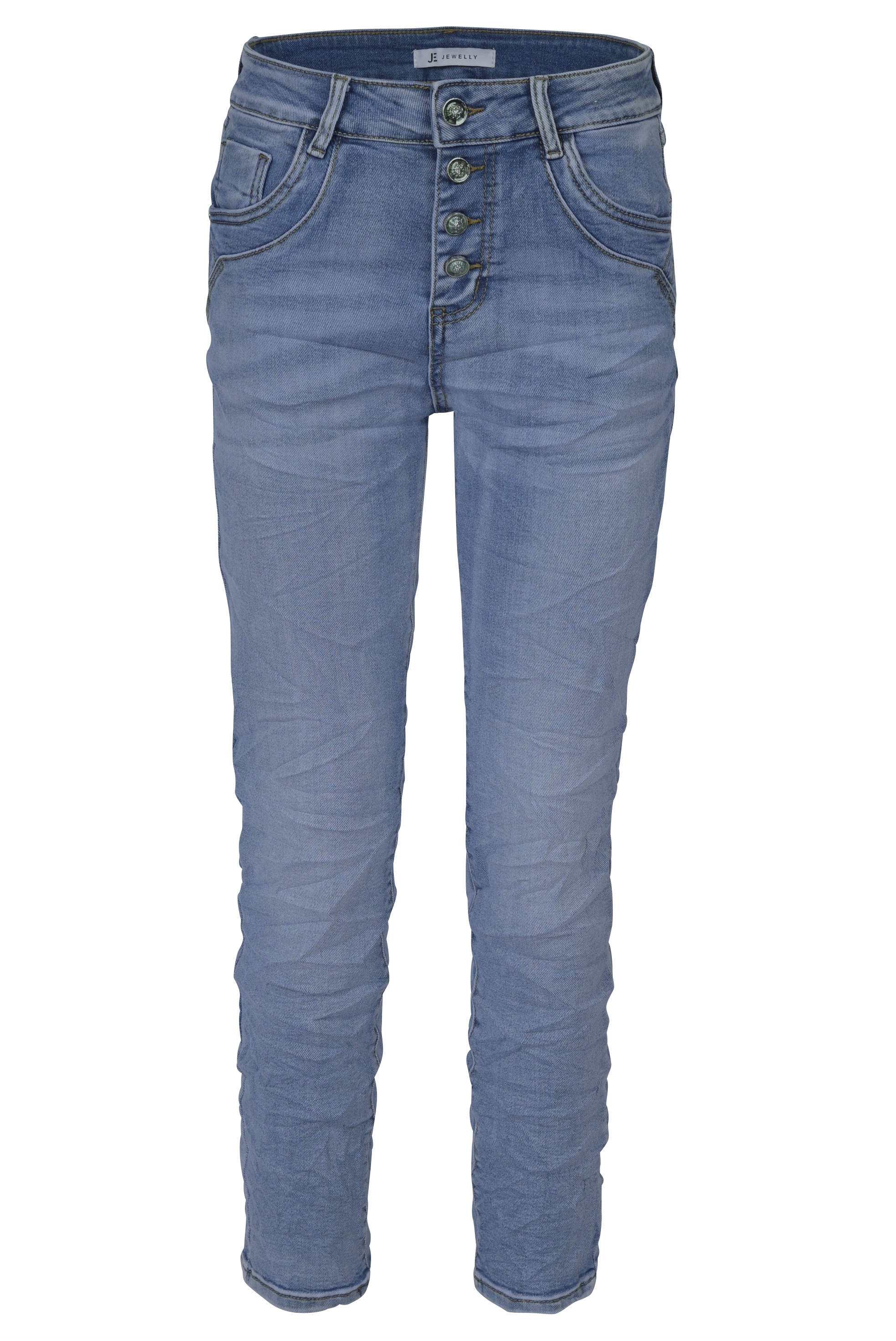 Jewelly Damen Stretch Jeans Five-Pocket im Crash-Look | Boyfriend Hose mit sichtbarer Knopfleiste