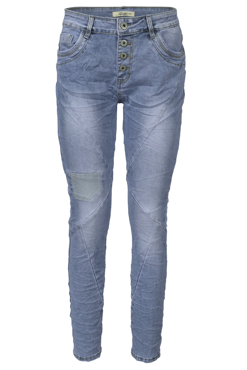 Jewelly Damen Stretch Jeans Five-Pocket im Crash-Look | Boyfriend Hose mit sichtbarer Knopfleiste