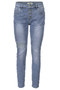 Jewelly Damen Stretch Jeans Five-Pocket im Crash-Look | Boyfriend Hose mit sichtbarer Knopfleiste
