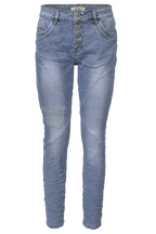 Jewelly Damen Stretch Jeans Five-Pocket im Crash-Look | Boyfriend Hose mit sichtbarer Knopfleiste