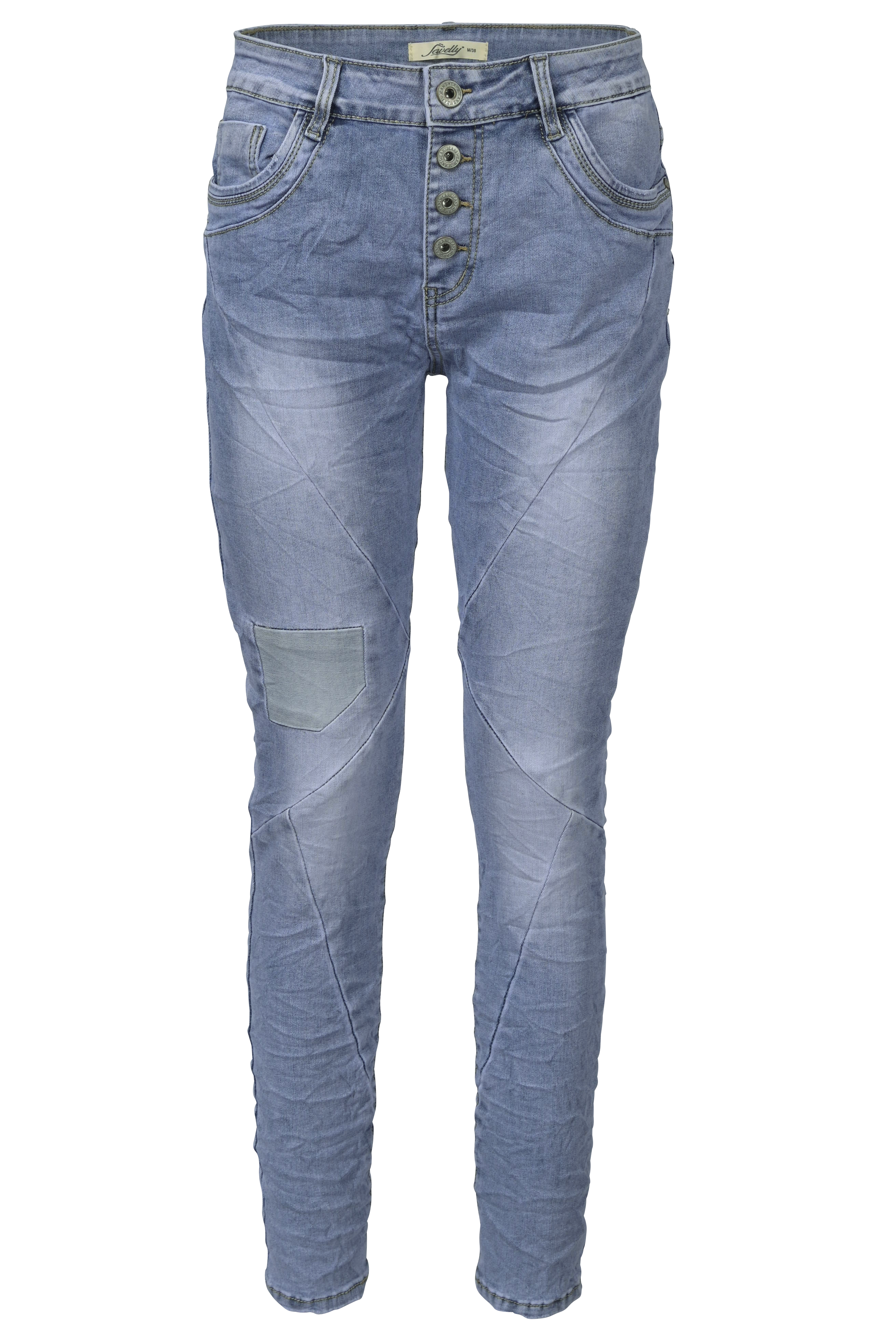 Jewelly Damen Stretch Jeans Five-Pocket im Crash-Look | Boyfriend Hose mit sichtbarer Knopfleiste