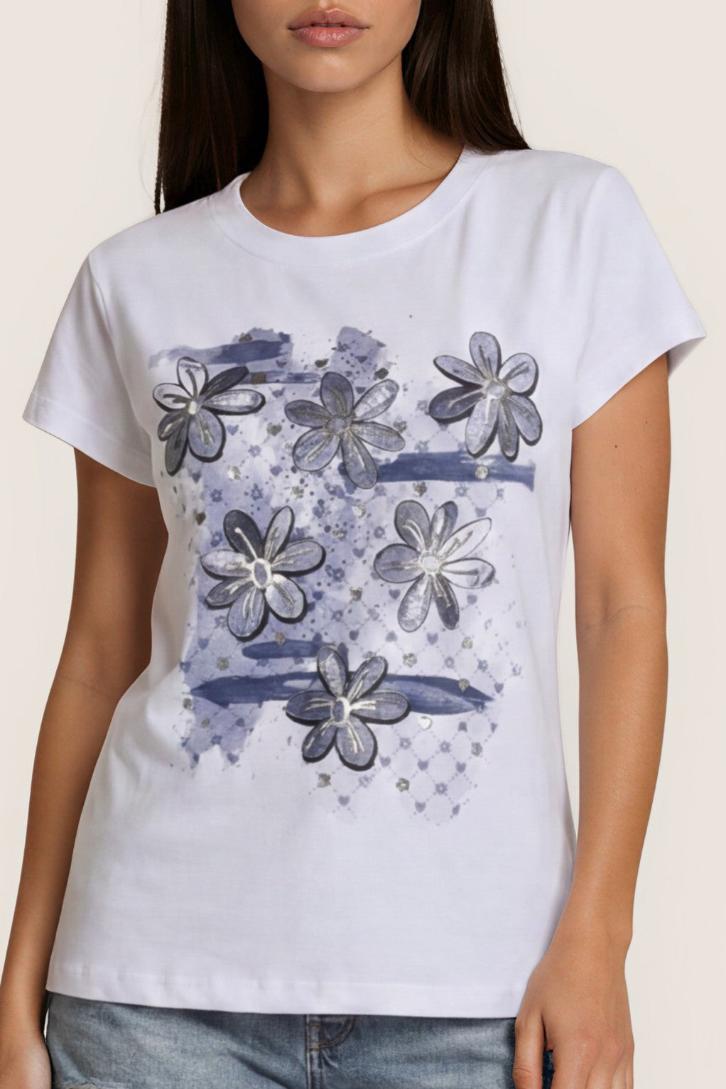 T-Shirt mit floralem Print & Glitzerdetails