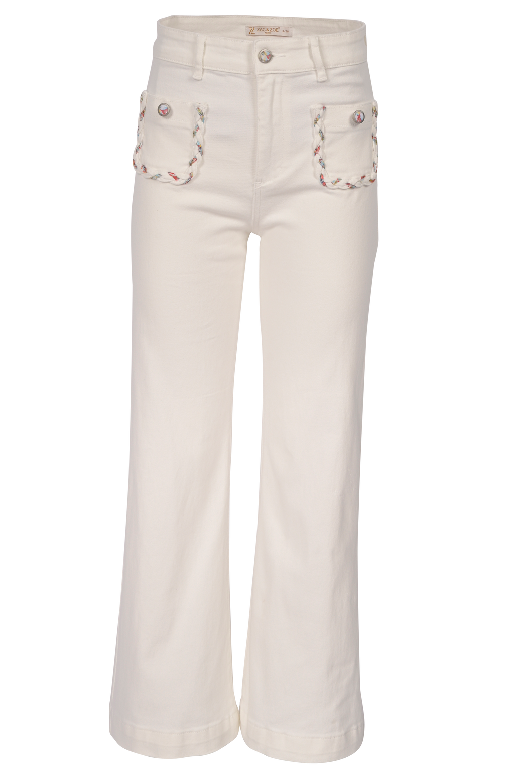 Weiße Bootcut-Jeans mit geflochtenen Taschen – High Waist Fit