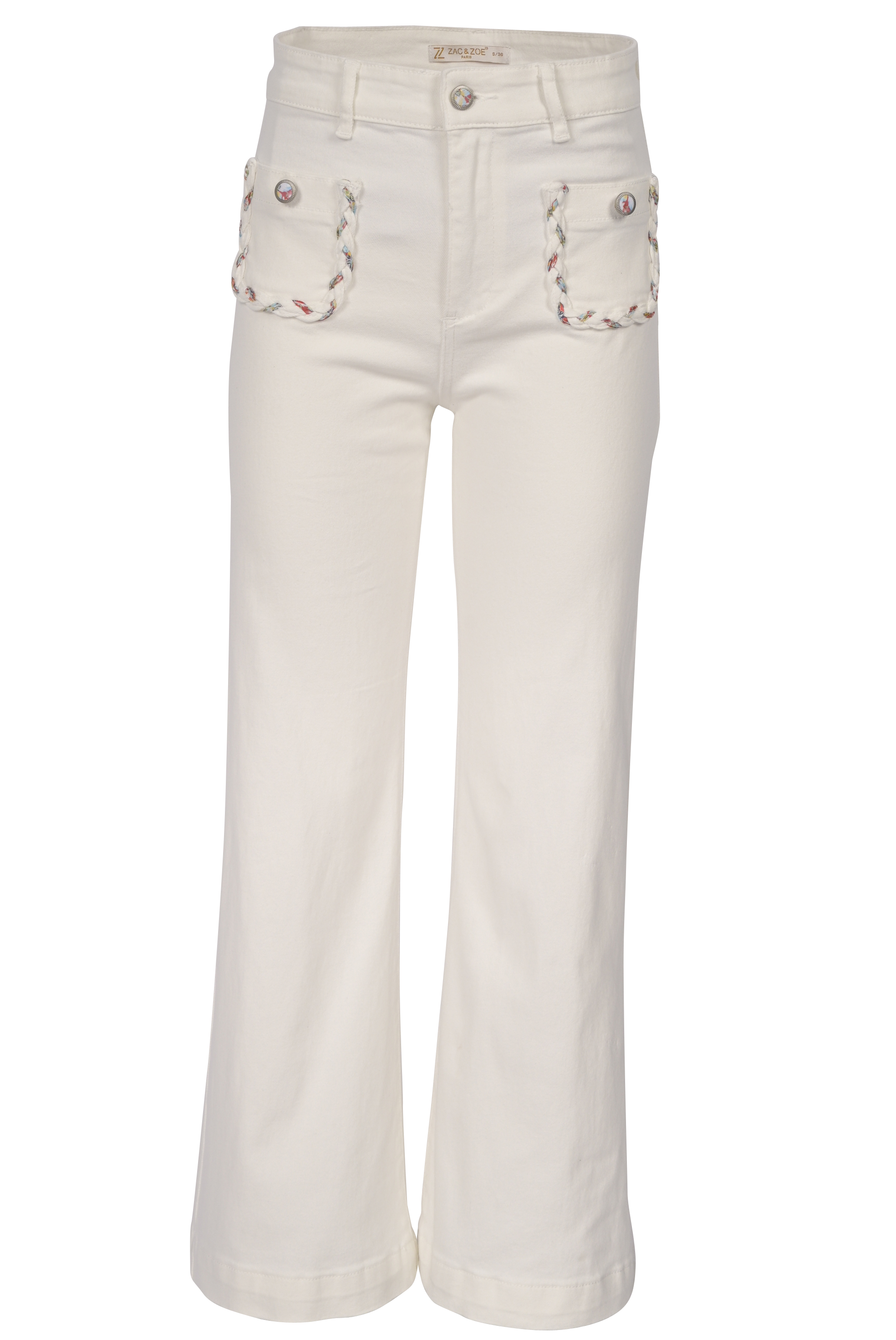 Weiße Bootcut-Jeans mit geflochtenen Taschen – High Waist Fit