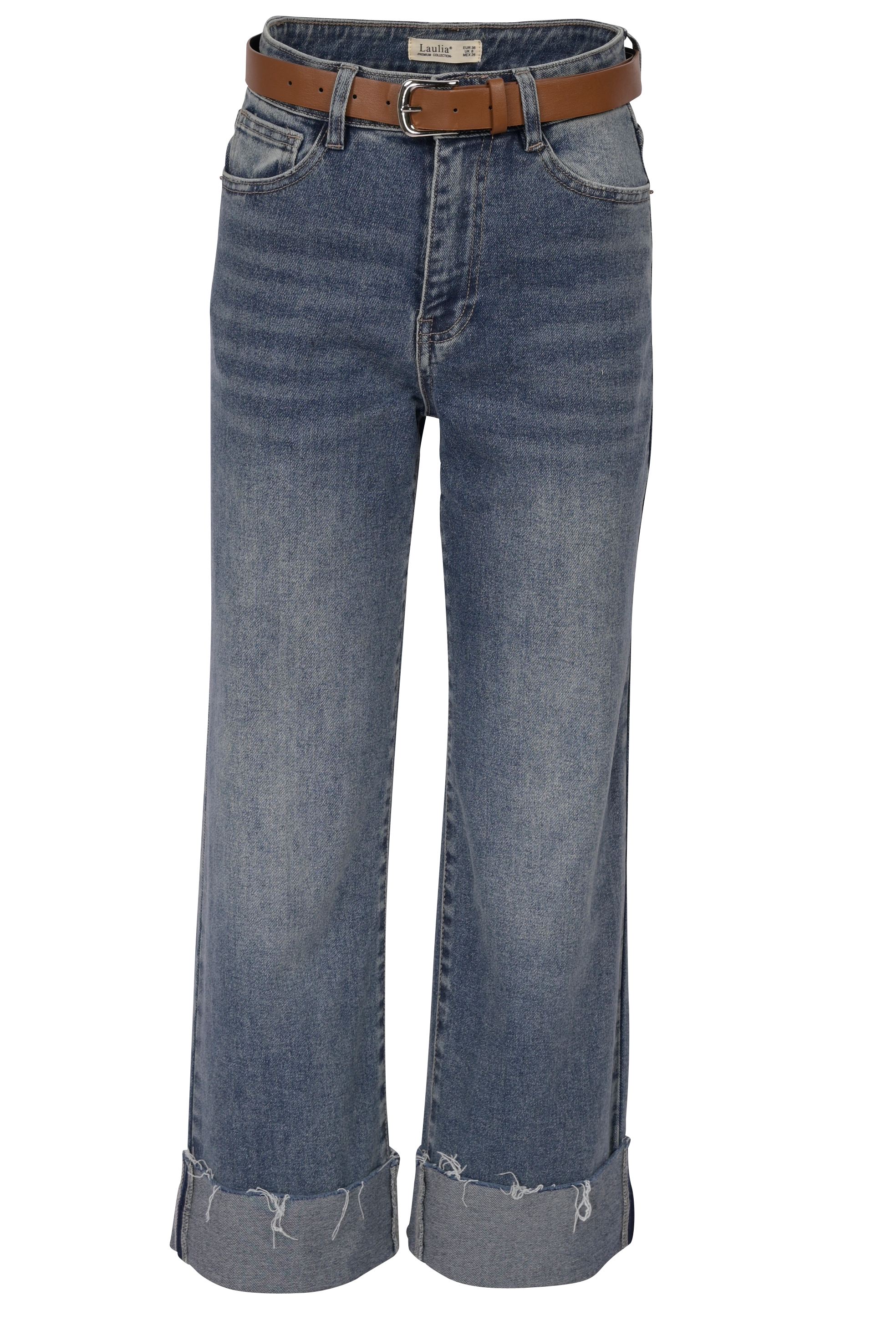 Blue Straight-Leg Jeans mit Umschlag & Gürtel – High Waist Fit