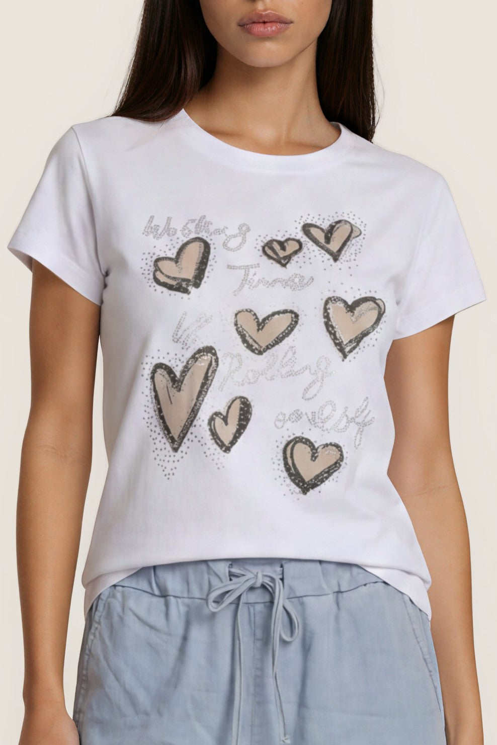 T-Shirt mit Herz-Print & Strassdetails