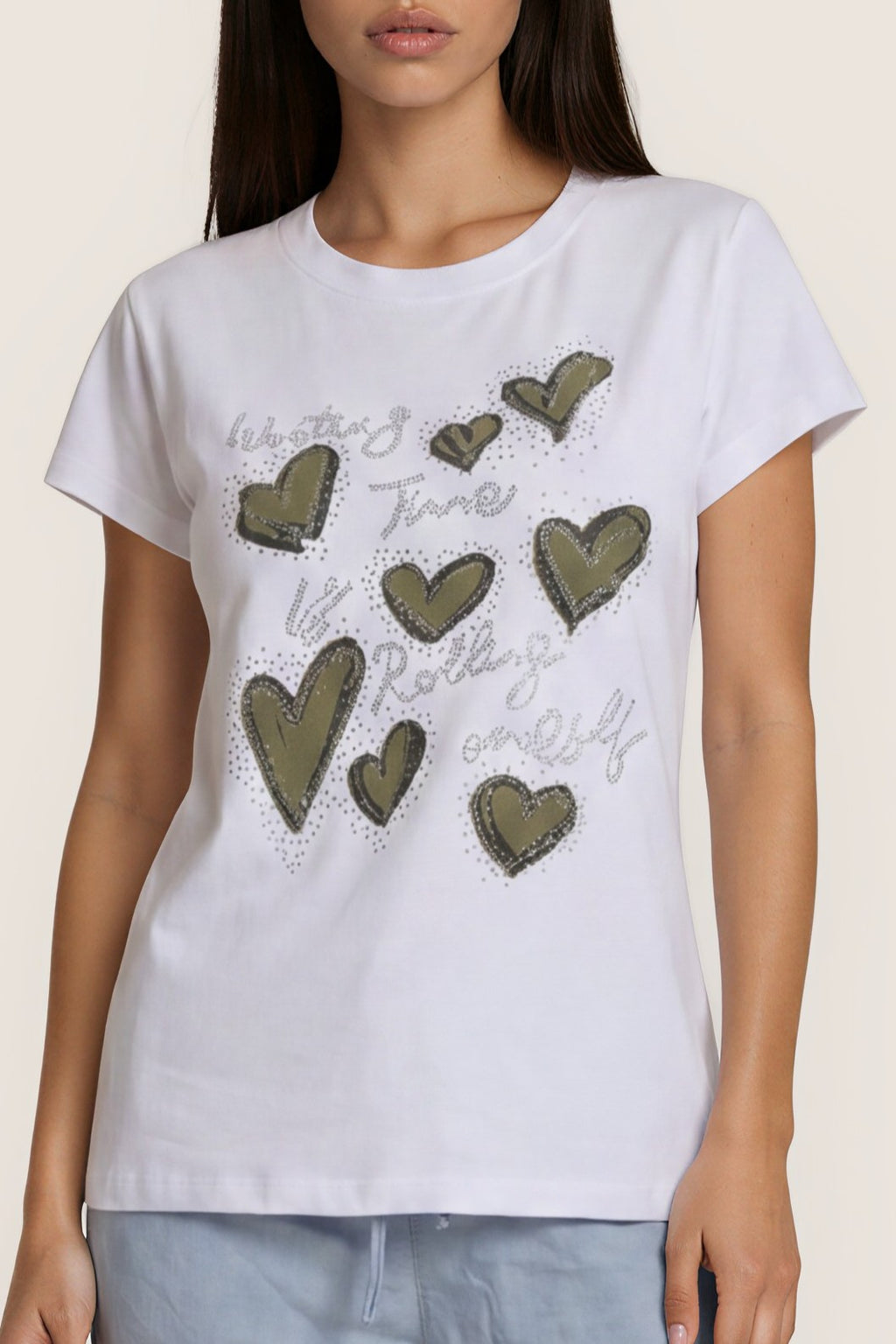 T-Shirt mit Herz-Print & Strassdetails
