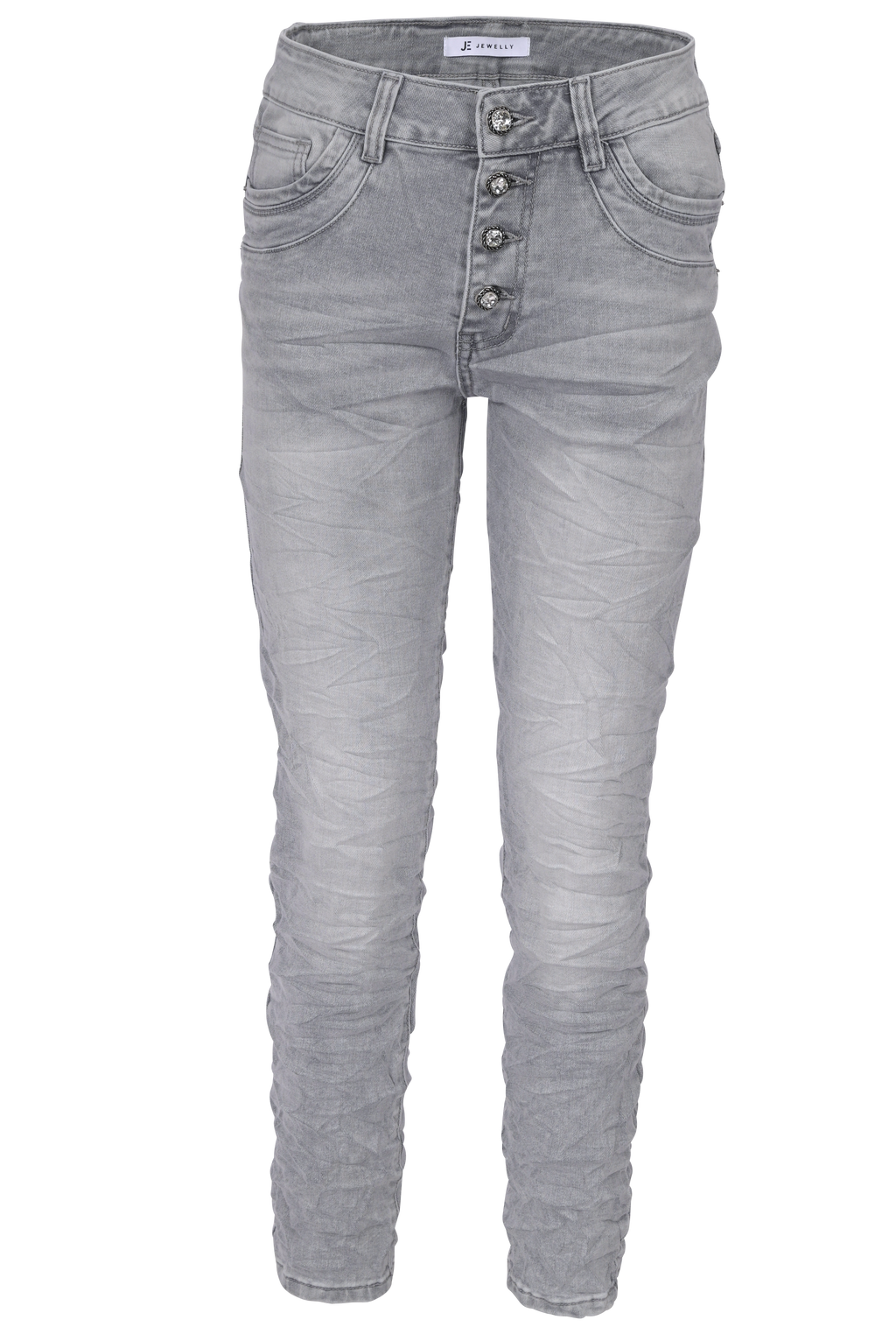 Jewelly Damen Stretch Jeans Five-Pocket im Crash-Look | Boyfriend Hose und sichtbarer Knopfleiste mit Schmuckknöpfen in Grau