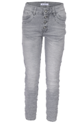 Jewelly Damen Stretch Jeans Five-Pocket im Crash-Look | Boyfriend Hose und sichtbarer Knopfleiste mit Schmuckknöpfen in Grau