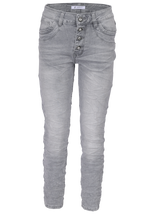 Jewelly Damen Stretch Jeans Five-Pocket im Crash-Look | Boyfriend Hose und sichtbarer Knopfleiste mit Schmuckknöpfen in Grau