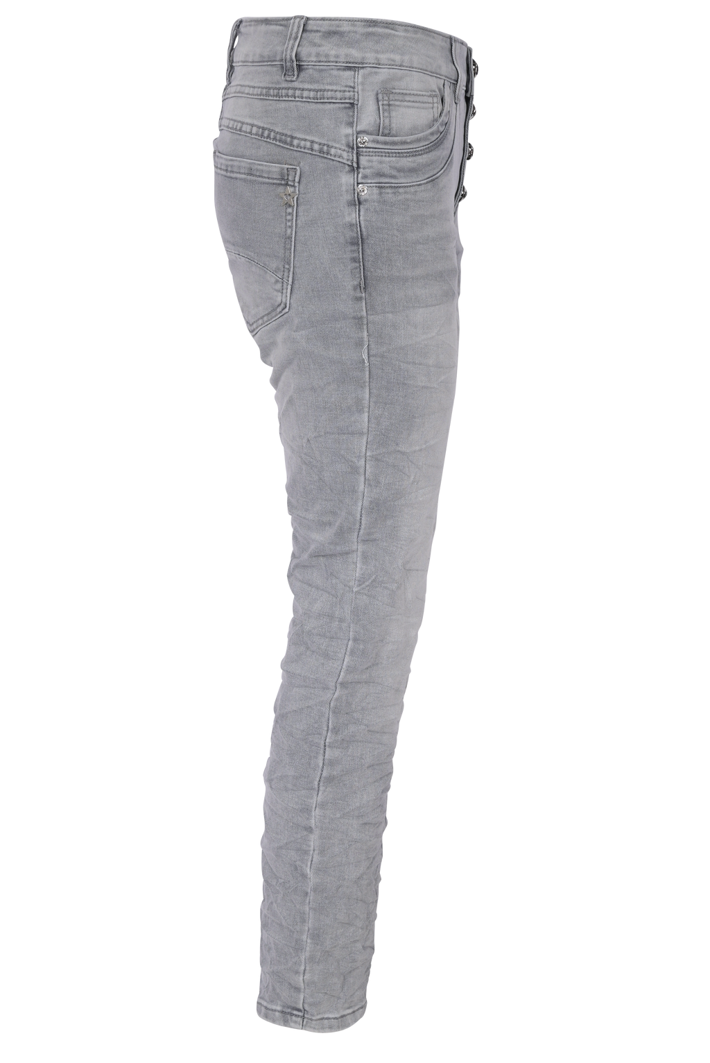 Jewelly Damen Stretch Jeans Five-Pocket im Crash-Look | Boyfriend Hose und sichtbarer Knopfleiste mit Schmuckknöpfen in Grau