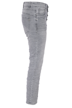 Jewelly Damen Stretch Jeans Five-Pocket im Crash-Look | Boyfriend Hose und sichtbarer Knopfleiste mit Schmuckknöpfen in Grau