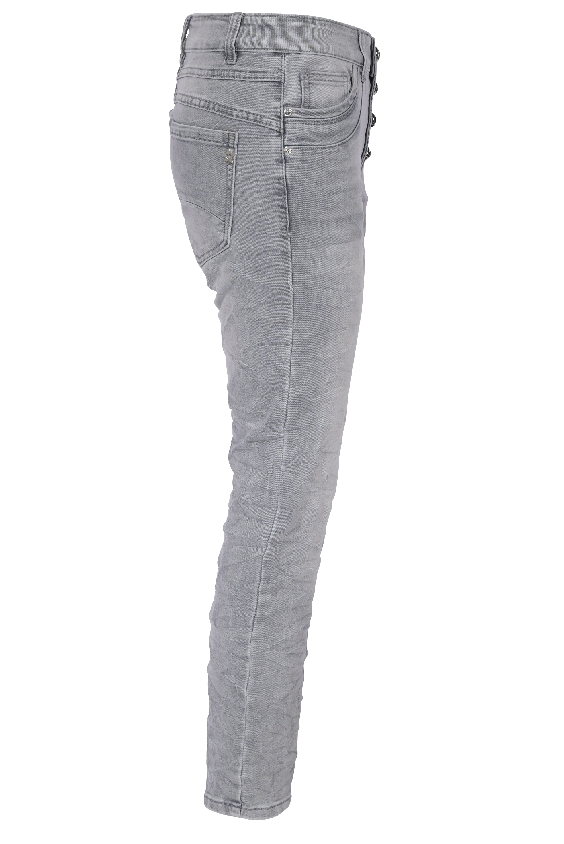 Jewelly Damen Stretch Jeans Five-Pocket im Crash-Look | Boyfriend Hose und sichtbarer Knopfleiste mit Schmuckknöpfen in Grau