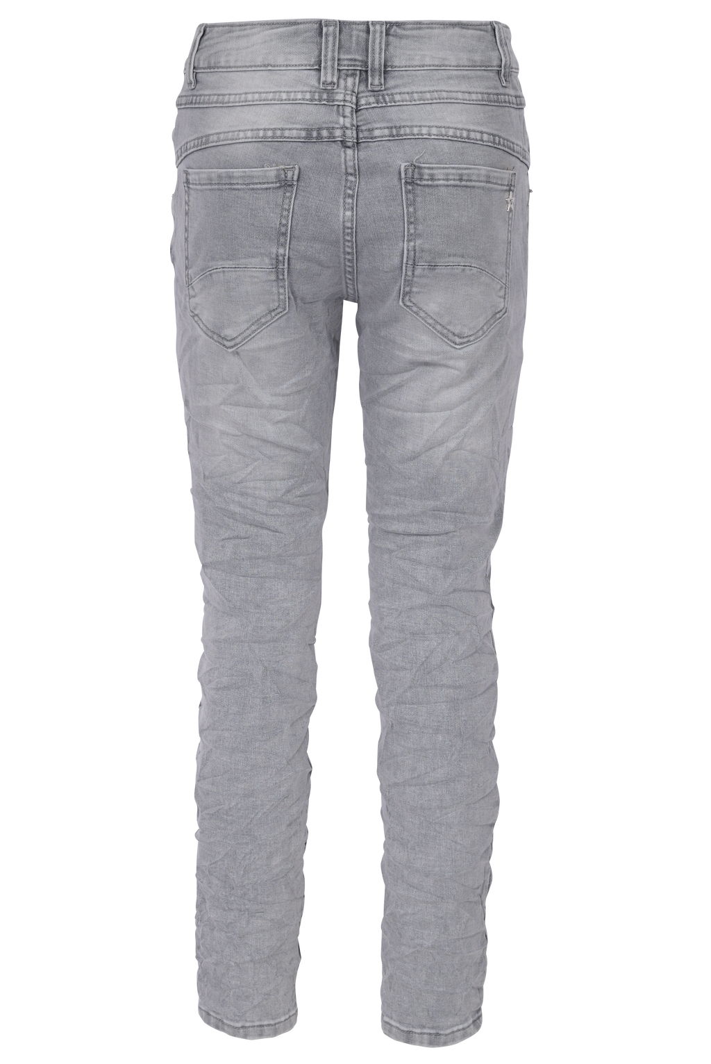 Jewelly Damen Stretch Jeans Five-Pocket im Crash-Look | Boyfriend Hose und sichtbarer Knopfleiste mit Schmuckknöpfen in Grau