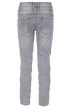 Jewelly Damen Stretch Jeans Five-Pocket im Crash-Look | Boyfriend Hose und sichtbarer Knopfleiste mit Schmuckknöpfen in Grau