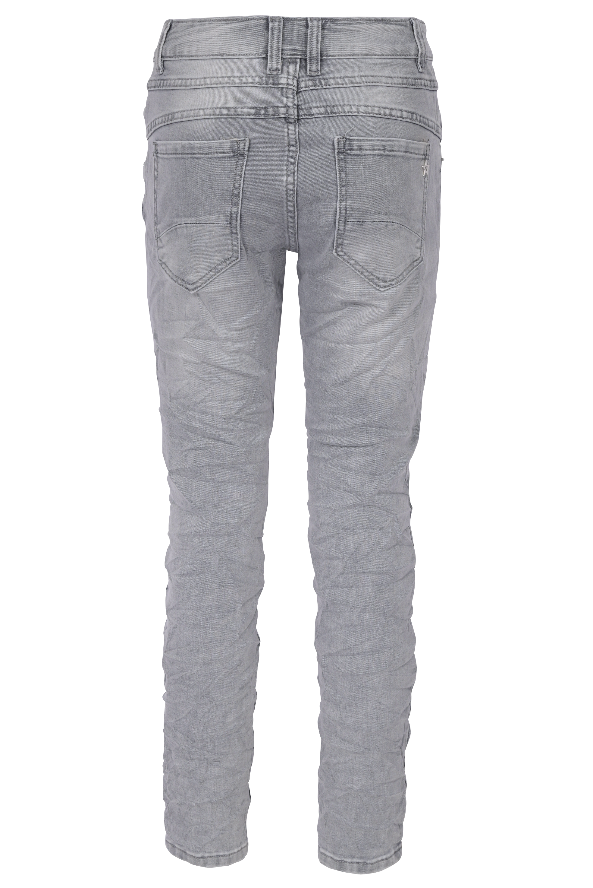 Jewelly Damen Stretch Jeans Five-Pocket im Crash-Look | Boyfriend Hose und sichtbarer Knopfleiste mit Schmuckknöpfen in Grau