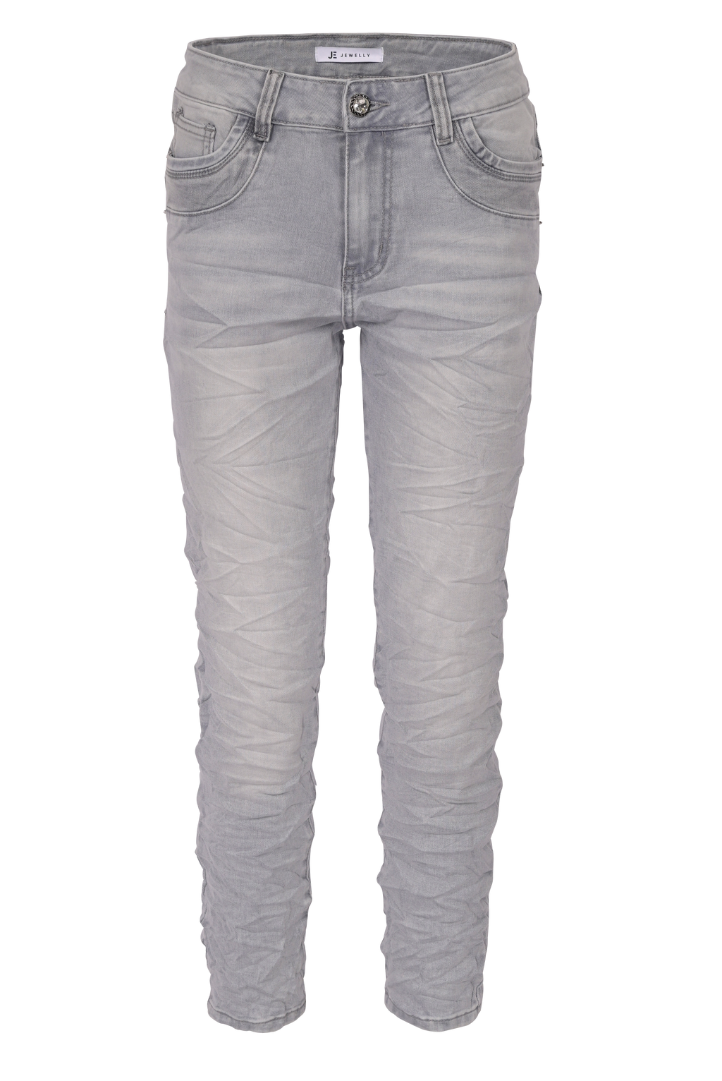 Jewelly Damen Jeans  | Stretch Jeans Five-Pocket im Crash-Look | Boyfriend -Cut - im Crash-Look mit Reißverschluss Grau