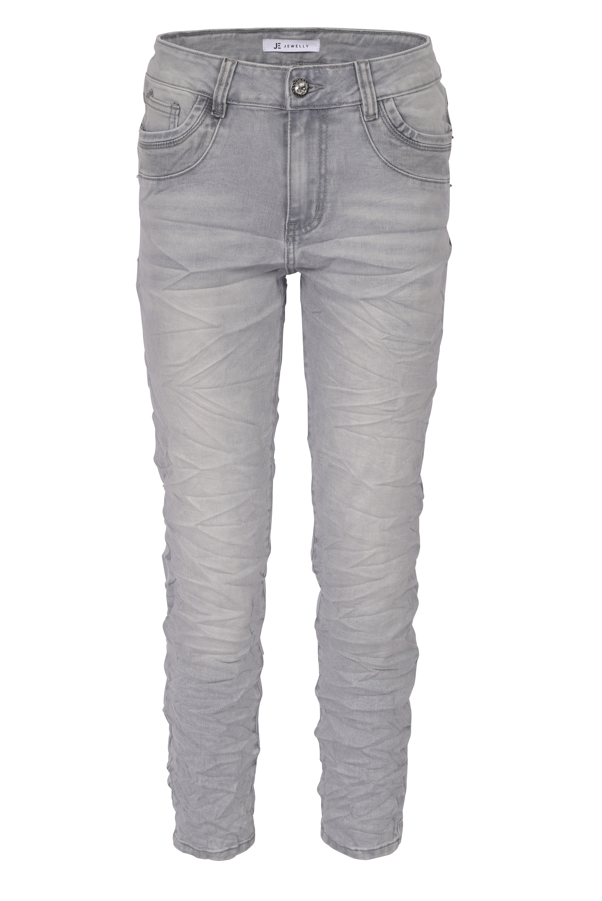 Jewelly Damen Jeans  | Stretch Jeans Five-Pocket im Crash-Look | Boyfriend -Cut - im Crash-Look mit Reißverschluss Grau