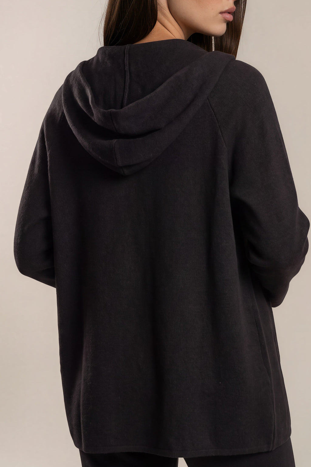 Long-Strickjacke mit Kapuze und Reißverschluss