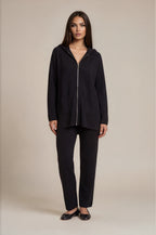 Long-Strickjacke mit Kapuze und Reißverschluss