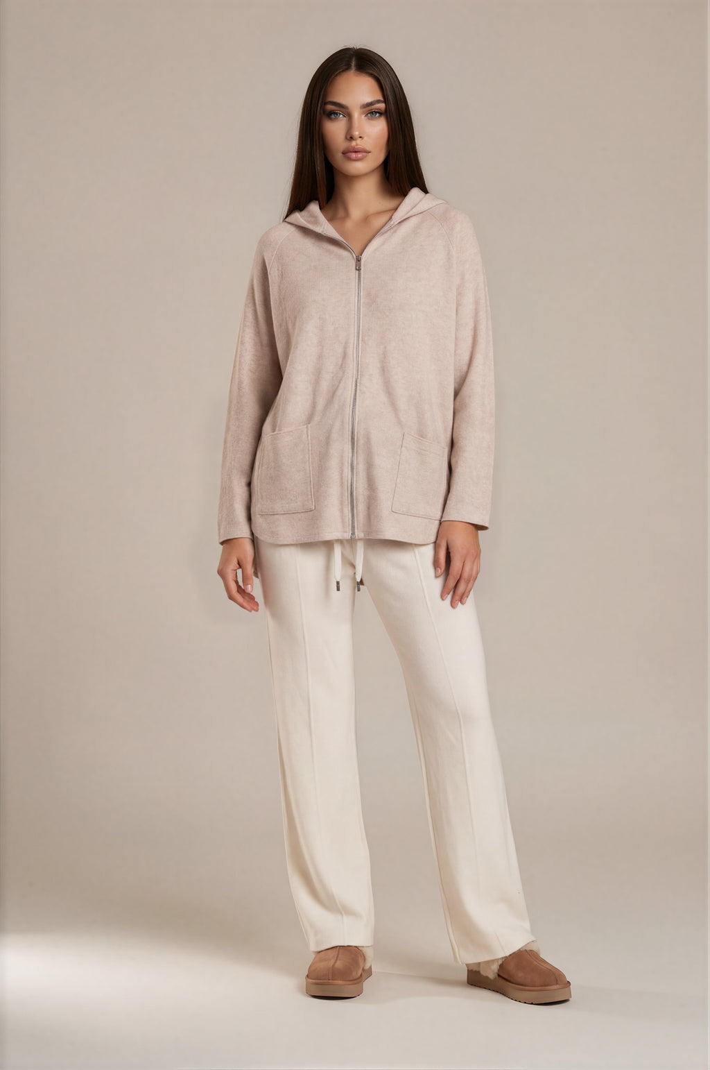 Long-Strickjacke mit Kapuze und Reißverschluss