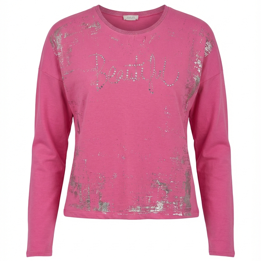 Longsleeve „Beautiful“ mit Strass-Schriftzug – Casual Glam Fit