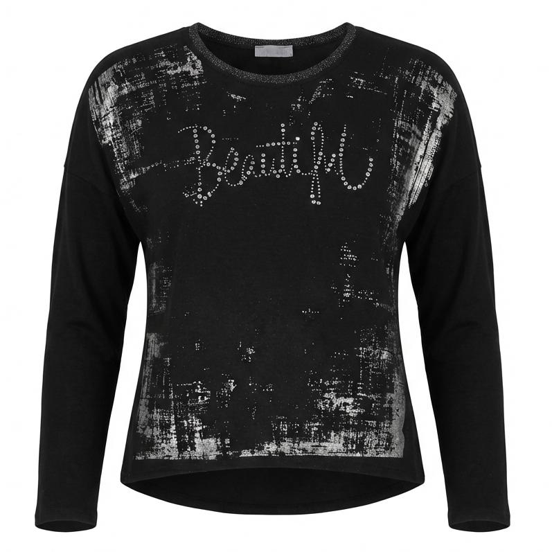 Longsleeve „Beautiful“ mit Strass-Schriftzug – Casual Glam Fit